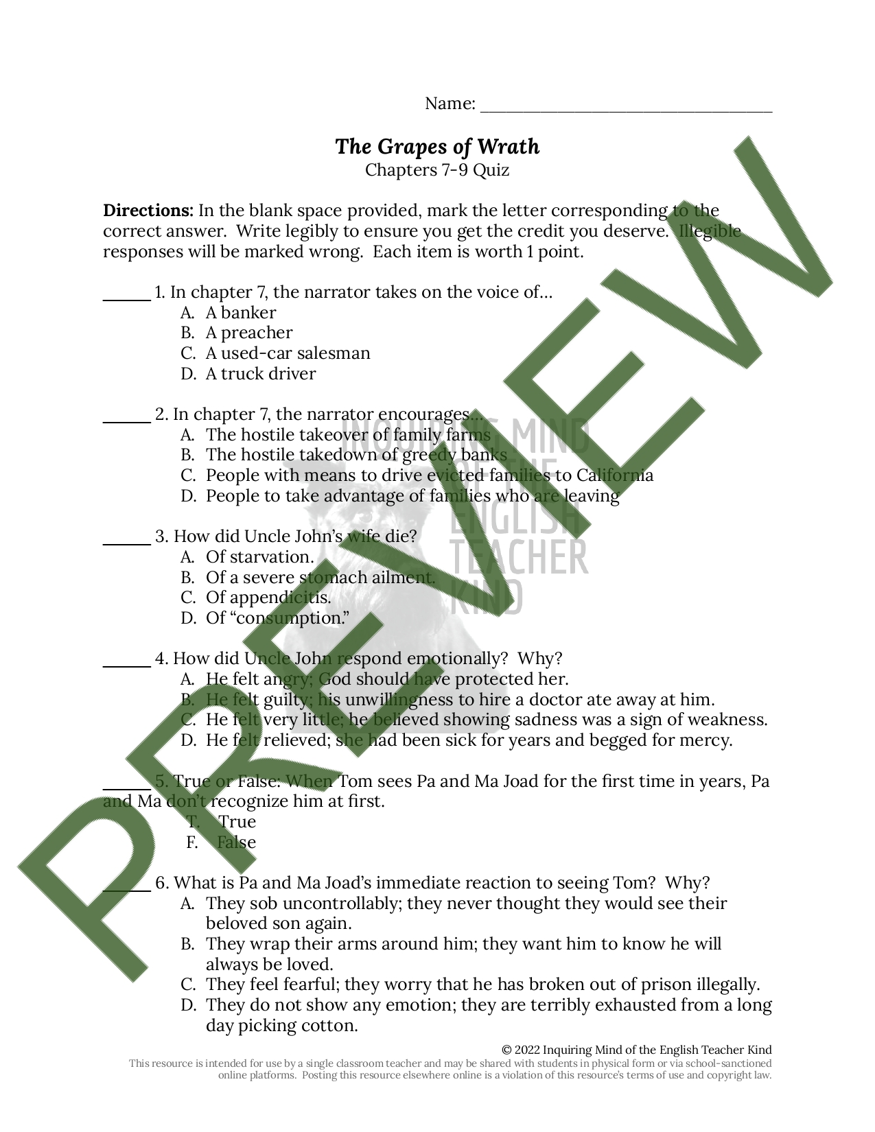 The Grapes of Wrath Chapters 7 through 9 Quiz and Answer Key Teaching