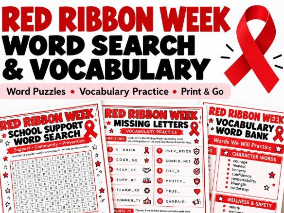 Red Ribbon Week Word Search & Vocabulary Worksheets