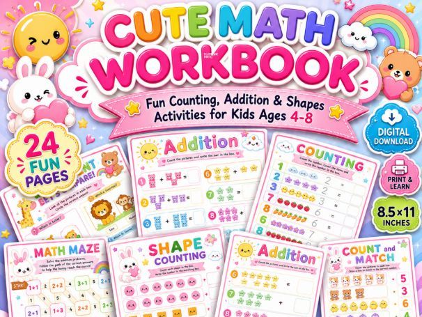 Cute Math Workbook for Kids | Counting, Addition, Shapes & Math Activities