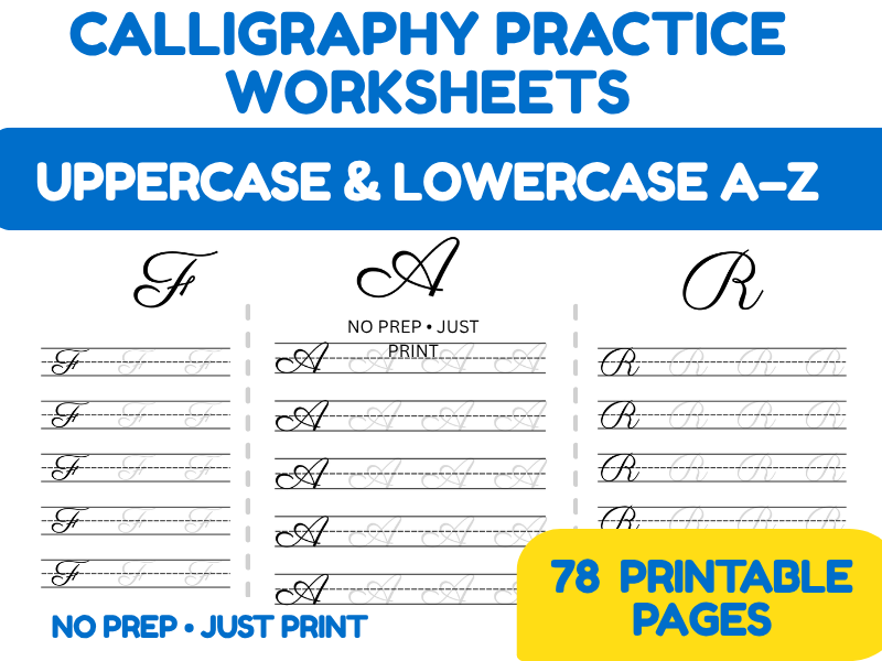 Calligraphy Practice Worksheets A–Z | Uppercase & Lowercase Cursive Tracing | Printable Handwriting