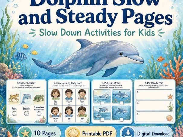 Dolphin Slow and Steady Pages | Slow Down Activities for Kids | Printable PDF | Digital Download