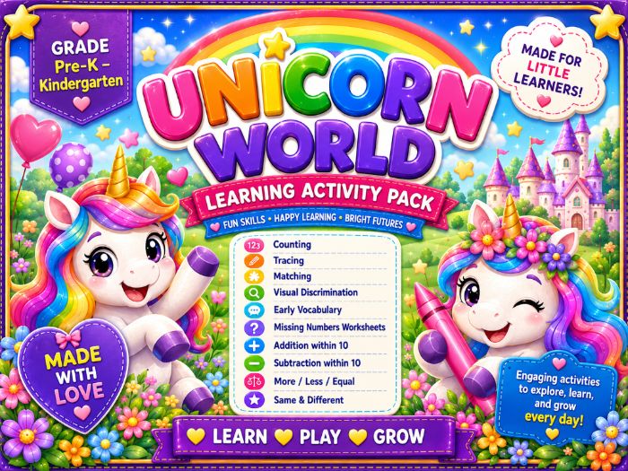 Unicorn Math & Literacy Worksheets | Counting, Tracing, Addition Activities | Pre-K Kindergarten
