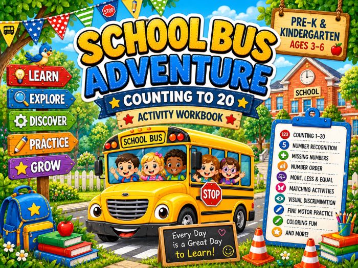 School Bus Math Worksheets Counting to 20 | Number Recognition & Number Sense | Pre-K–Kindergarten