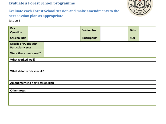 Forest School Session Evaluation Template – Reflective Practice & Planning Improvement Tool
