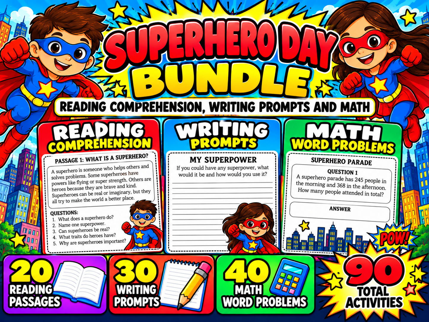 Superhero Day Bundle | Reading Comprehension, Writing Prompts and Math