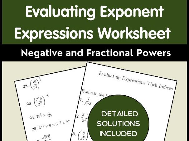 Evaluating Exponent Expressions Worksheet | Negative and Fractional Powers