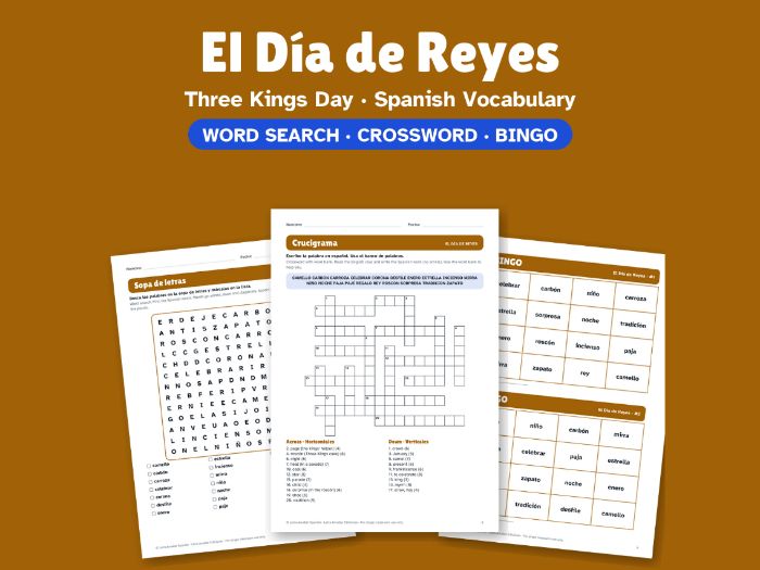 Three Kings Day in Spanish: Word Search, Crossword & Bingo