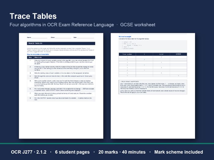 Trace Tables Worksheet: OCR GCSE J277 | Teaching Resources