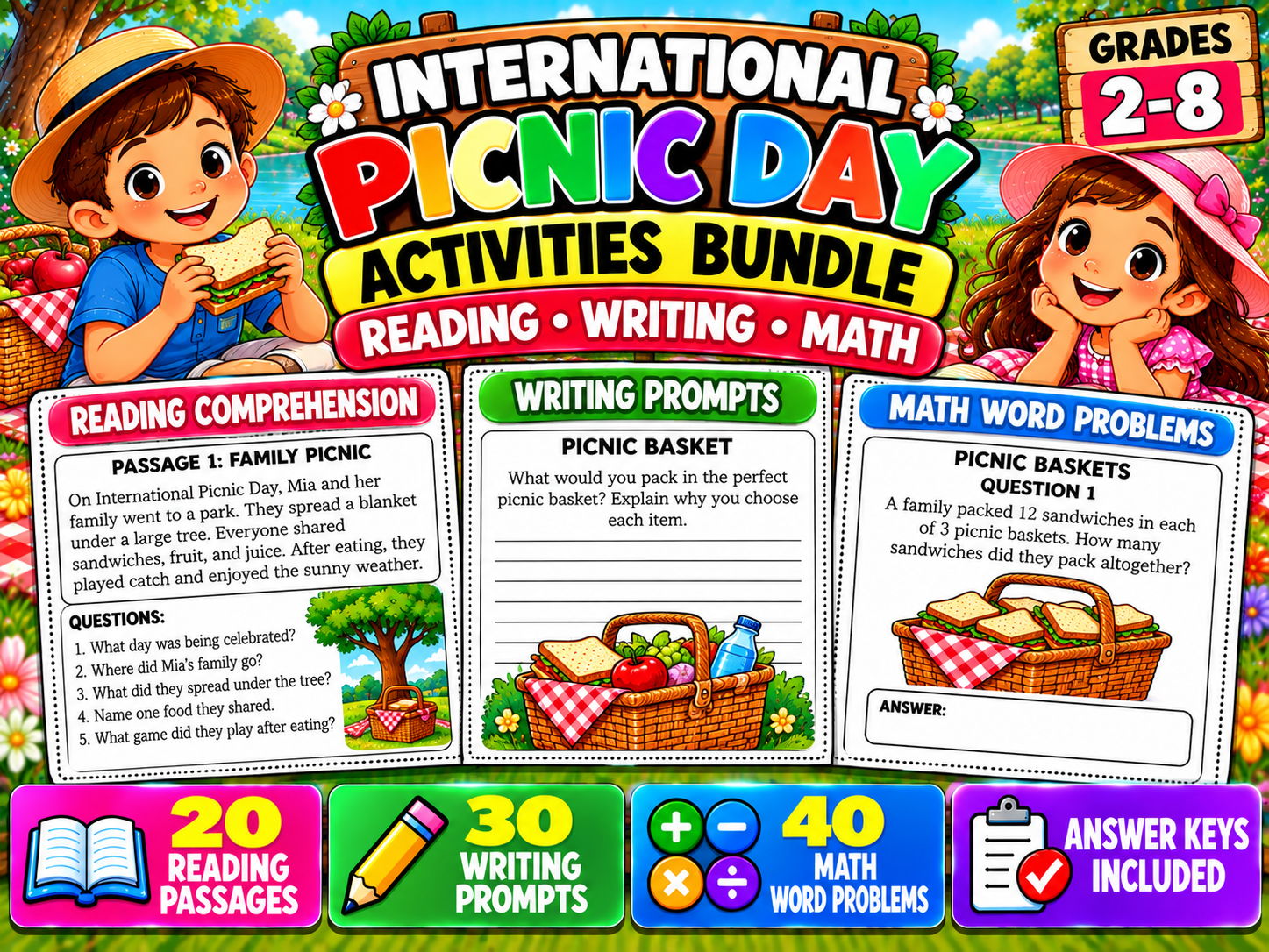 International Picnic Day Activities Bundle | Reading, Writing & Math | Grades 2–8