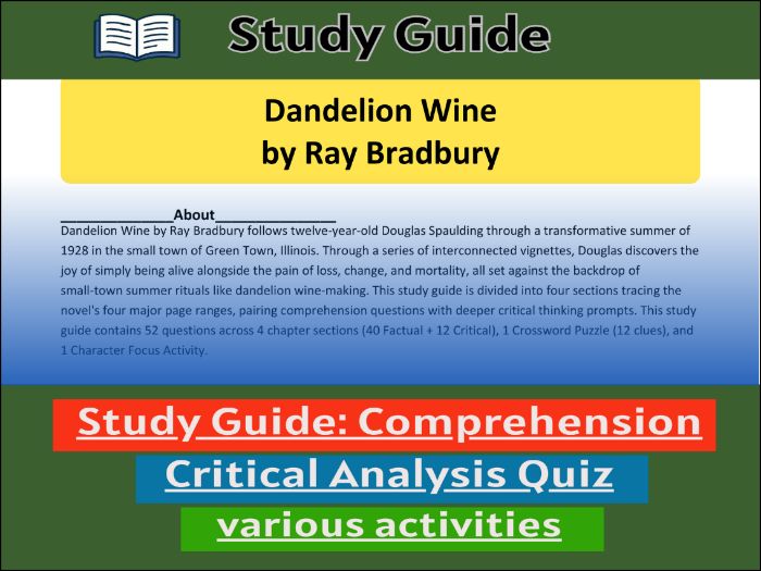 Study Guide for :Dandelion Wine | Comprehension Test