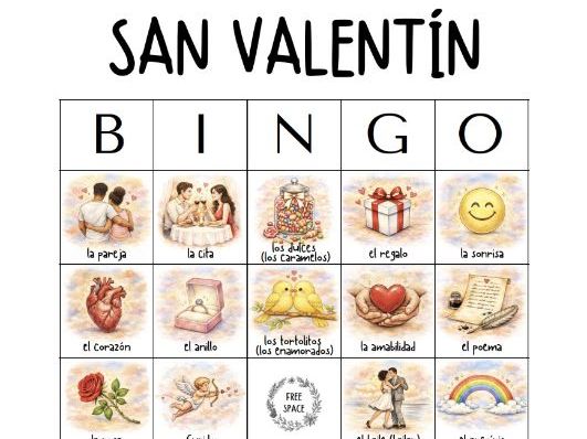 A4 - Spanish Valentine's Day Bingo Game • 36 Words  • 50 Illustrated Cards