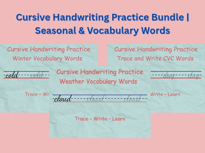 Cursive Handwriting Practice Bundle | Seasonal & Vocabulary Words | KS1–KS2