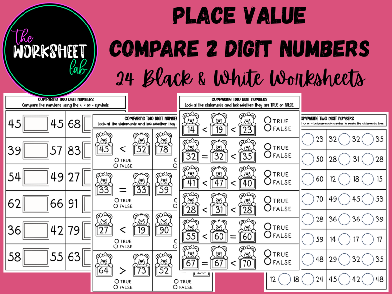 Place Value - Comparing 2 Digit Numbers Worksheets in Black and White