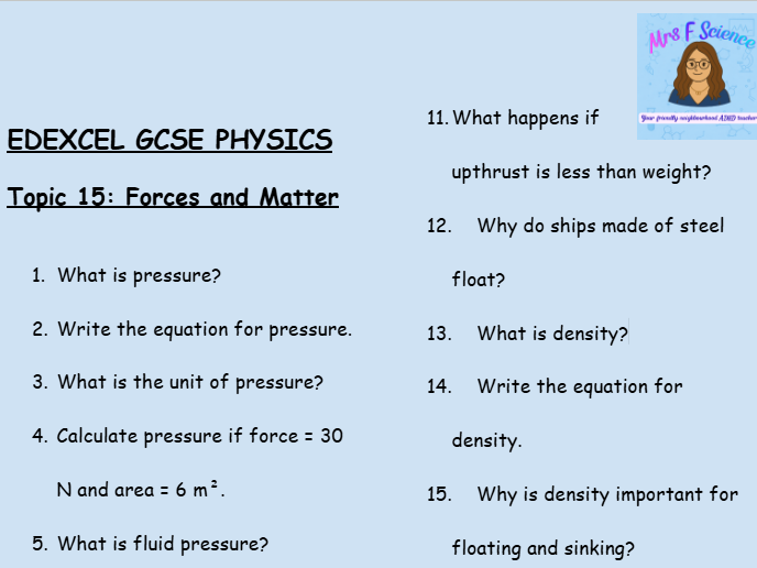 GCSE Edexcel Physics Topic 15: Forces and Matter Revision Worksheet
