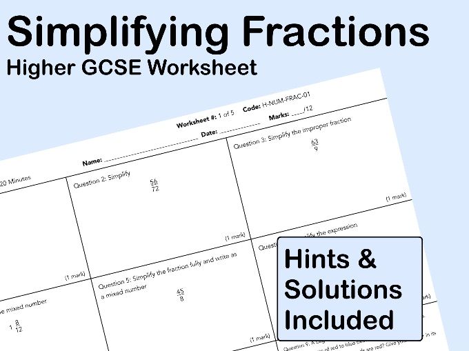 GCSE Maths Worksheet: Simplifying Fractions – Higher Tier