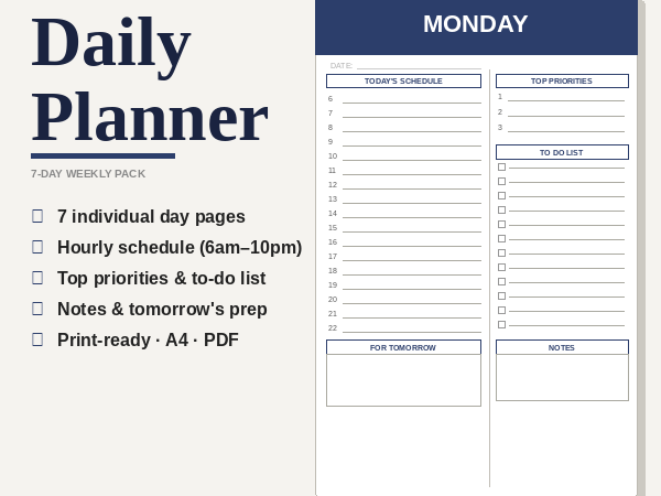 Student Daily Planner for Students | Printable 7days  Schedule & To Do List