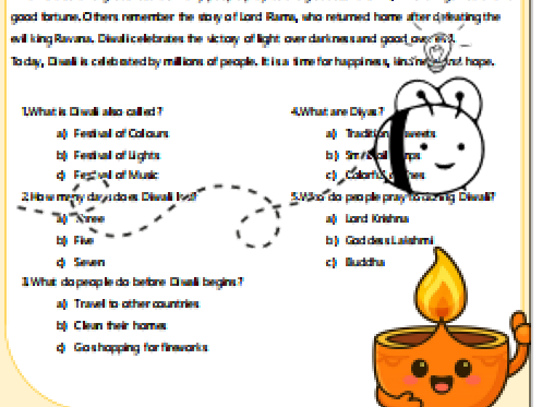 Diwali Comprehension Worksheet