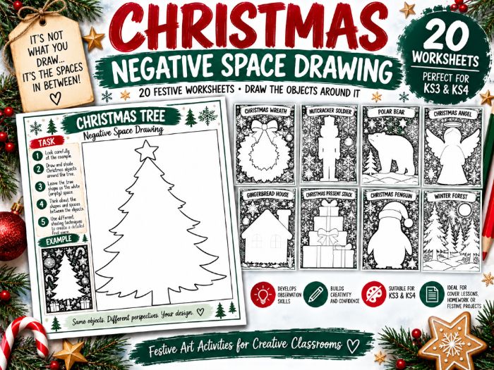 Christmas Negative Space Drawing Worksheets | 20 Festive Art Activities | KS3 KS4