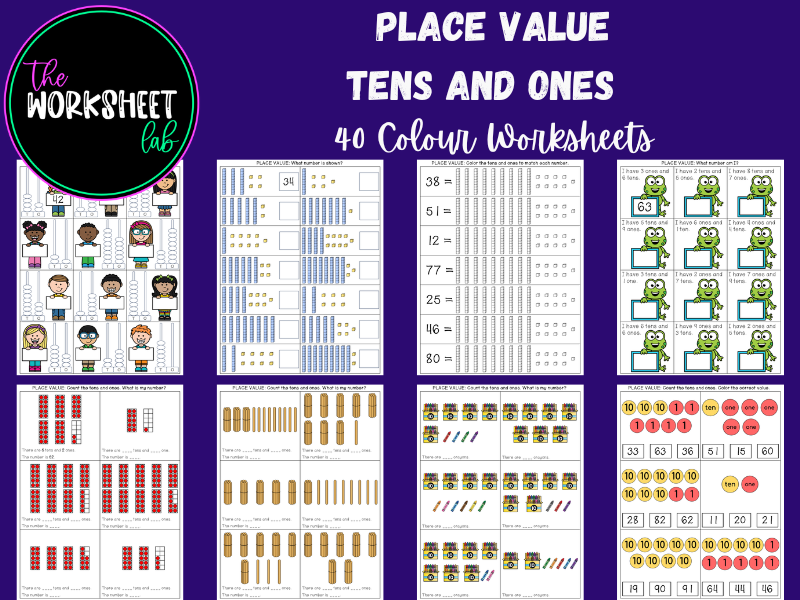 PLACE VALUE - Tens and Ones (up to 99) Worksheets in Colour