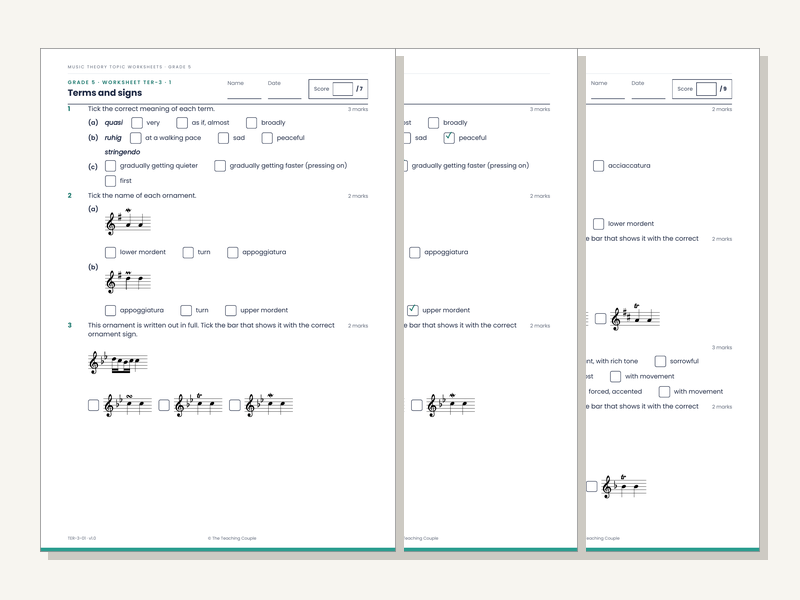 Grade 5 Music Theory Worksheets: Terms & Signs (20 Sheets + Answers)