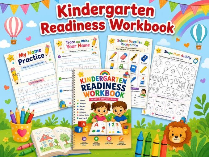 Back to School Kindergarten Readiness Workbook | Tracing, Counting, Shapes.