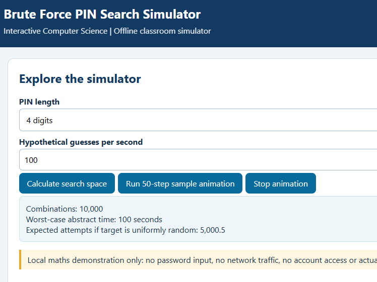# Computer Science – Brute Force PIN Search Interactive Simulator | Cybersecurity & Algorithms Works