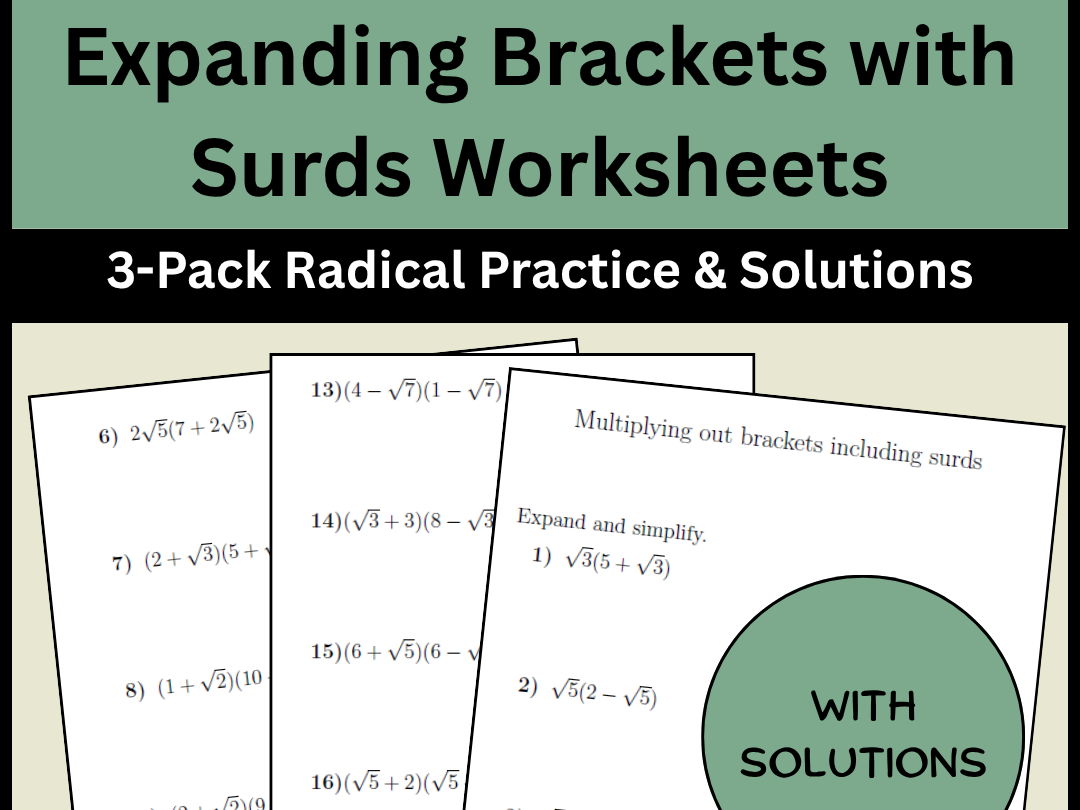 Expanding Brackets with Surds Worksheets 3-Pack Radical Practice & Solutions