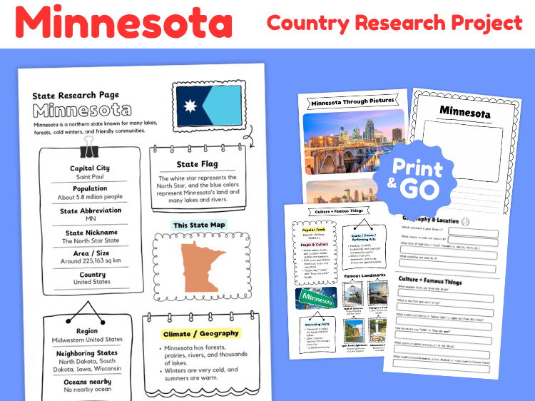 Minnesota State Research Project | US Geography & State Study Worksheets