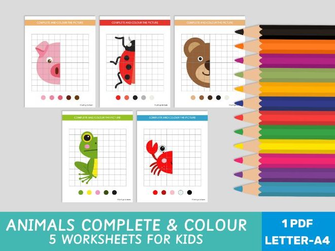 Animals Complete & Colour Grid Worksheets - Symmetry