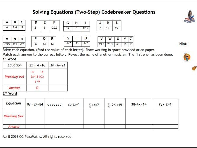 Solving Equations (2-Step) Codebreaker