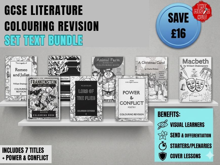 GCSE English Literature Revision Colouring Bundle | KS3–KS4 Study Guides Visual Learning for Macbeth, A Christmas Carol, Frankenstein, Animal Farm, Lord of the Flies, Romeo & Juliet & Power & Conflict Poetry