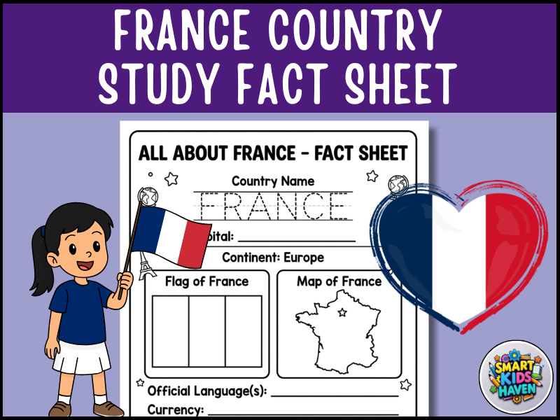 France Map and Flag Country Study Research Project Geography Worksheet Activity.