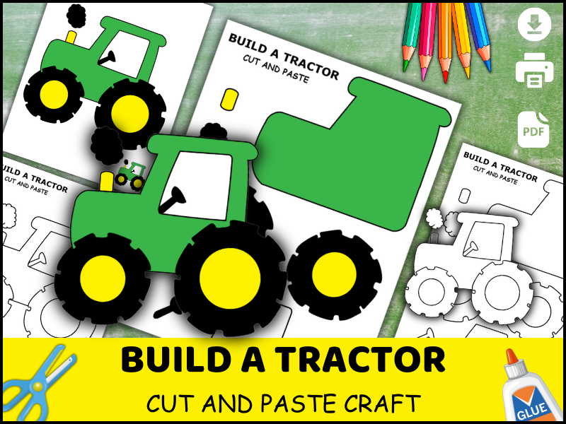 Tractor Craft for Kids | Farm Theme Printable Cut and Paste Activity | Preschool Coloring Worksheet