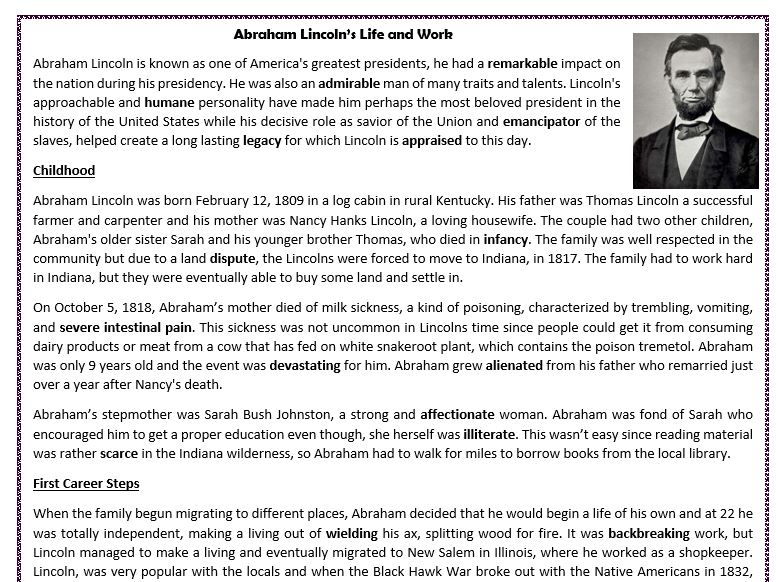 Abraham Lincoln’s Life and Work - Reading Comprehension Worksheet