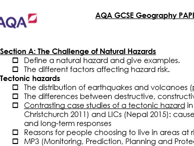 AQA GCSE GEOGRAPHY PAPER 1 CHECKLIST
