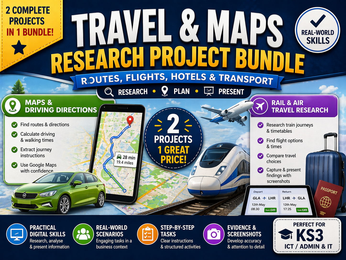 Travel & Maps Research Project Bundle – Routes, Flights, Hotels & Transport (KS3 ICT/Admin)