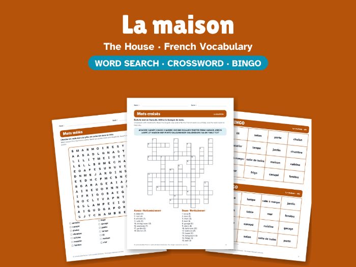 The House in French: Word Search, Crossword & Bingo