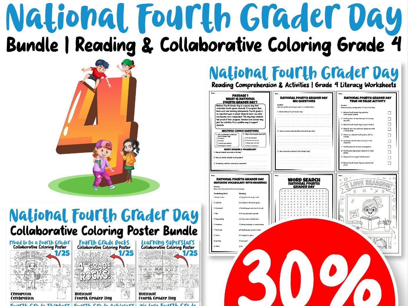 National Fourth Grader Day Bundle | Reading & Collaborative Coloring Grade 4