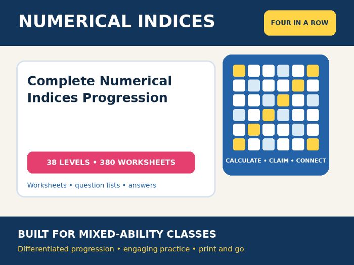 Numerical Indices Four in a Row – 38 Levels, 380 Worksheets + Answers