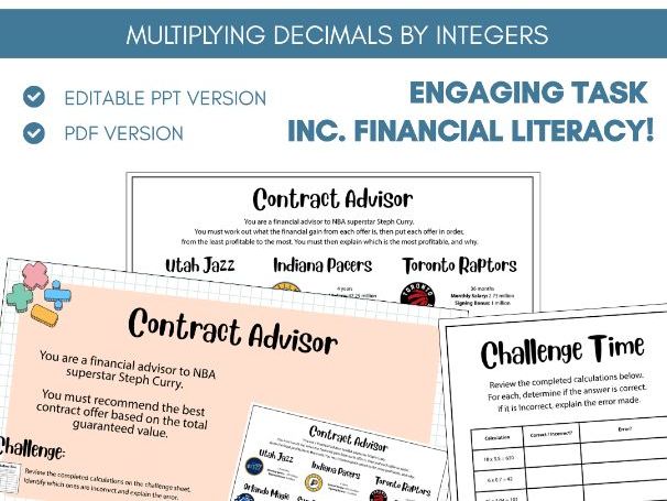 Multiply Decimals by Integers | Financial Literacy | Worksheet | Four Operations