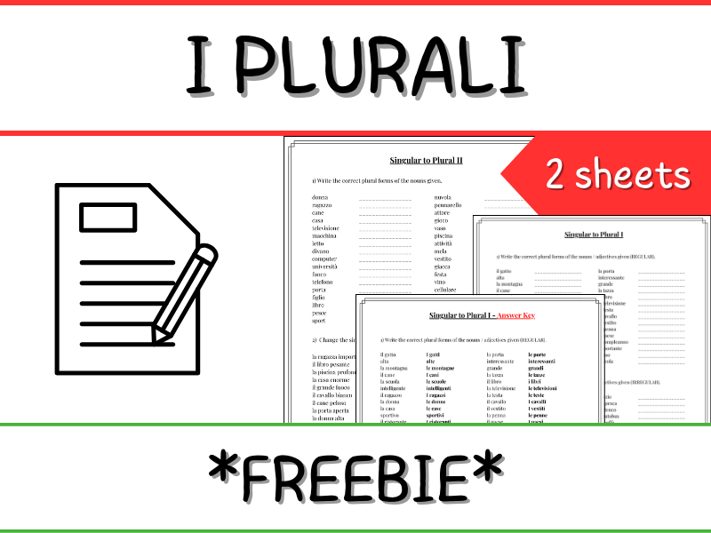 *FREEBIE* Italian Singular to Plural Worksheets with Answer Keys - Grammar