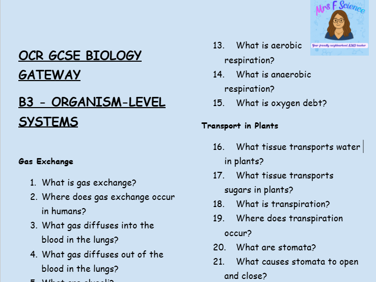 OCR GCSE Biology B3 – Organism-Level Systems -30  Low stakes retrieval questions with answers