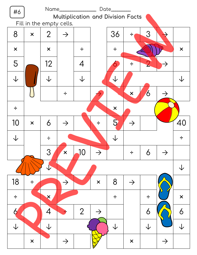 Multiplication And Division Crossword Puzzles End Of The Year