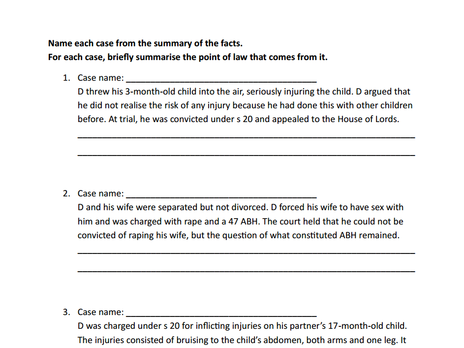 Non-fatal offences - Name the case (AQA A-level law)