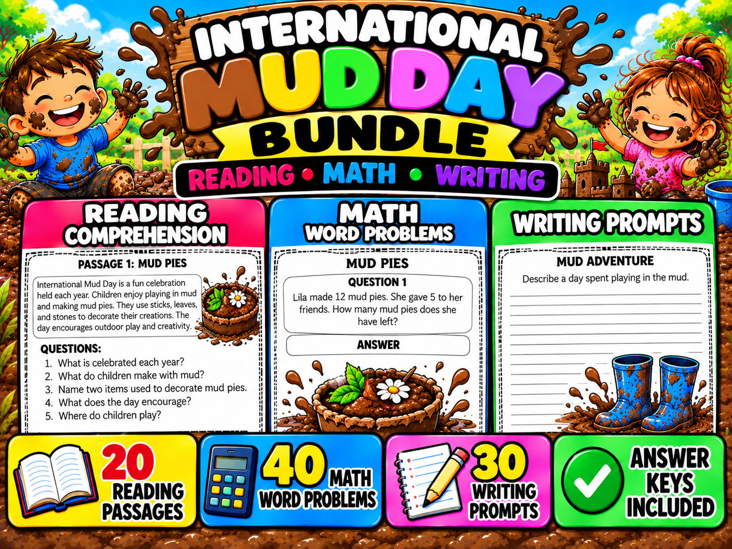 International Mud Day Bundle | Reading Comprehension, Math Word Problems & Writing Prompts