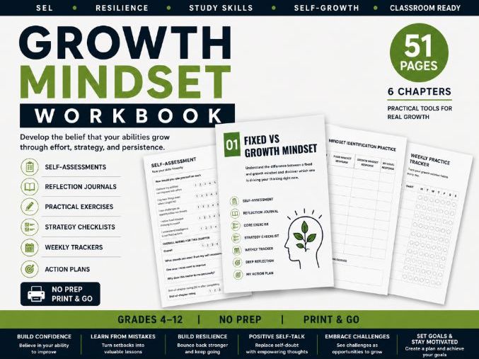 Growth Mindset Workbook for Students | SEL, Resilience & Study Skills Activities