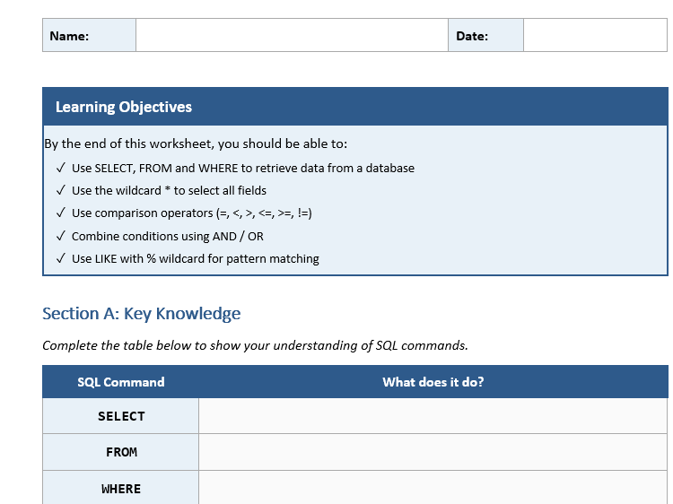 SQL Worksheet - Computer Science OCR J277