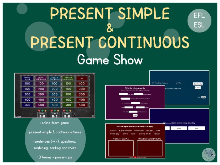 Present Simple & Present Continuous Game Show (EFL/ESL) - Genially online team game