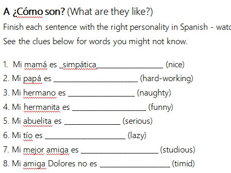 Las personalidades, hoja de trabajo