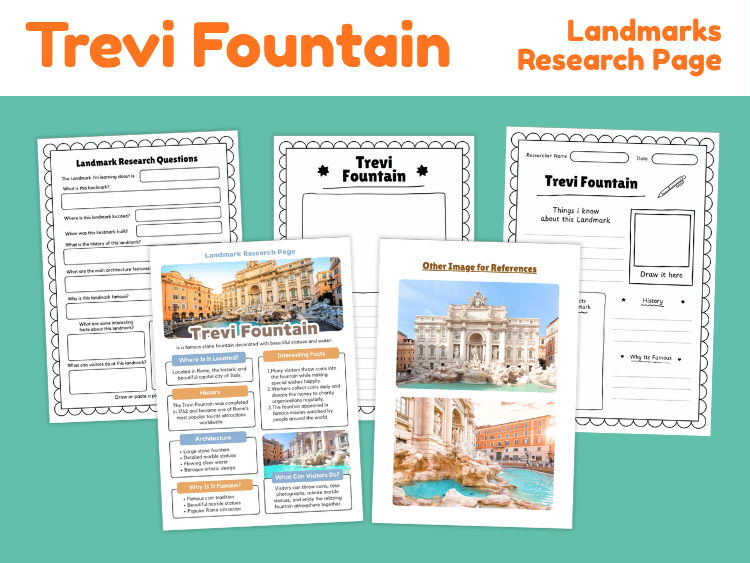 Trevi Fountain Landmark Research Project | Rome Italy Worksheets